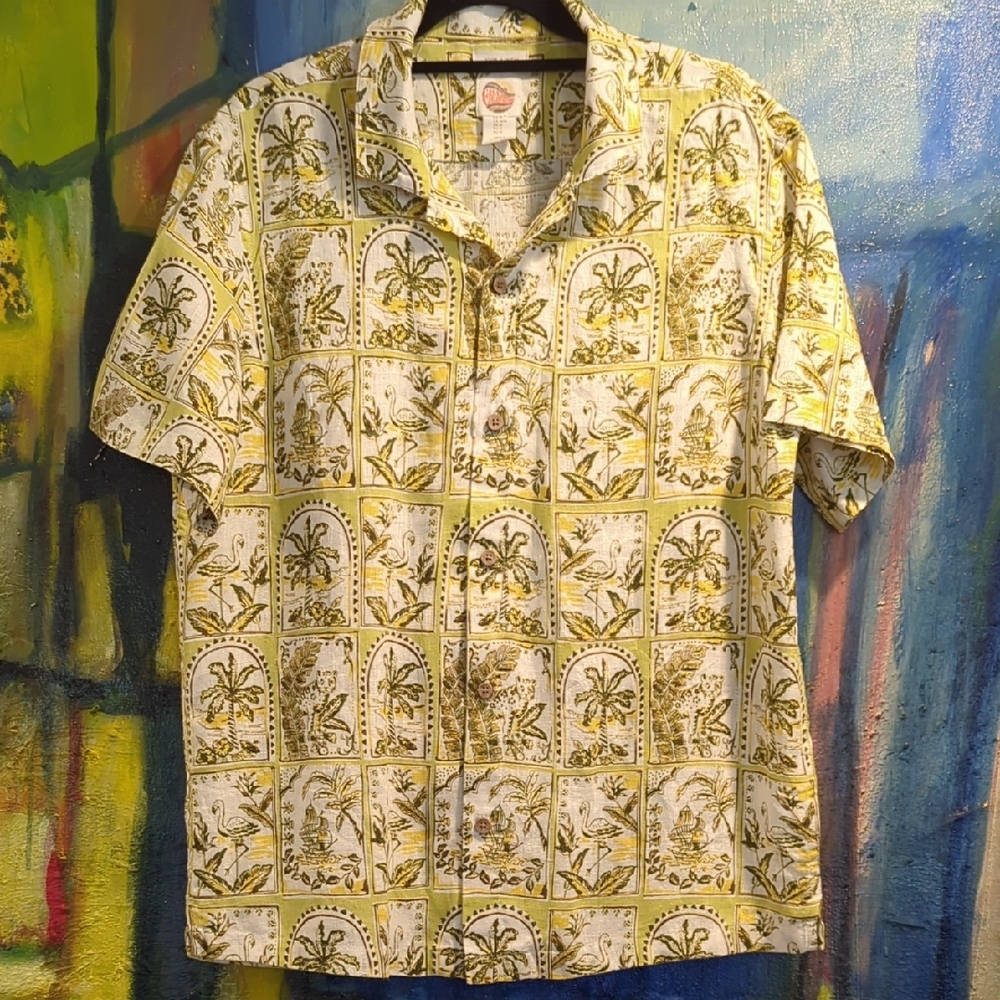 C&C California 100% Linen Shirt Mens Sz Medium Palm Tree Leopard Flamingo Print